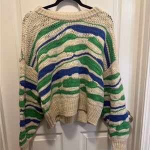Aerie Cream Crewneck Sweater with Green & Blue Wavy Stripes